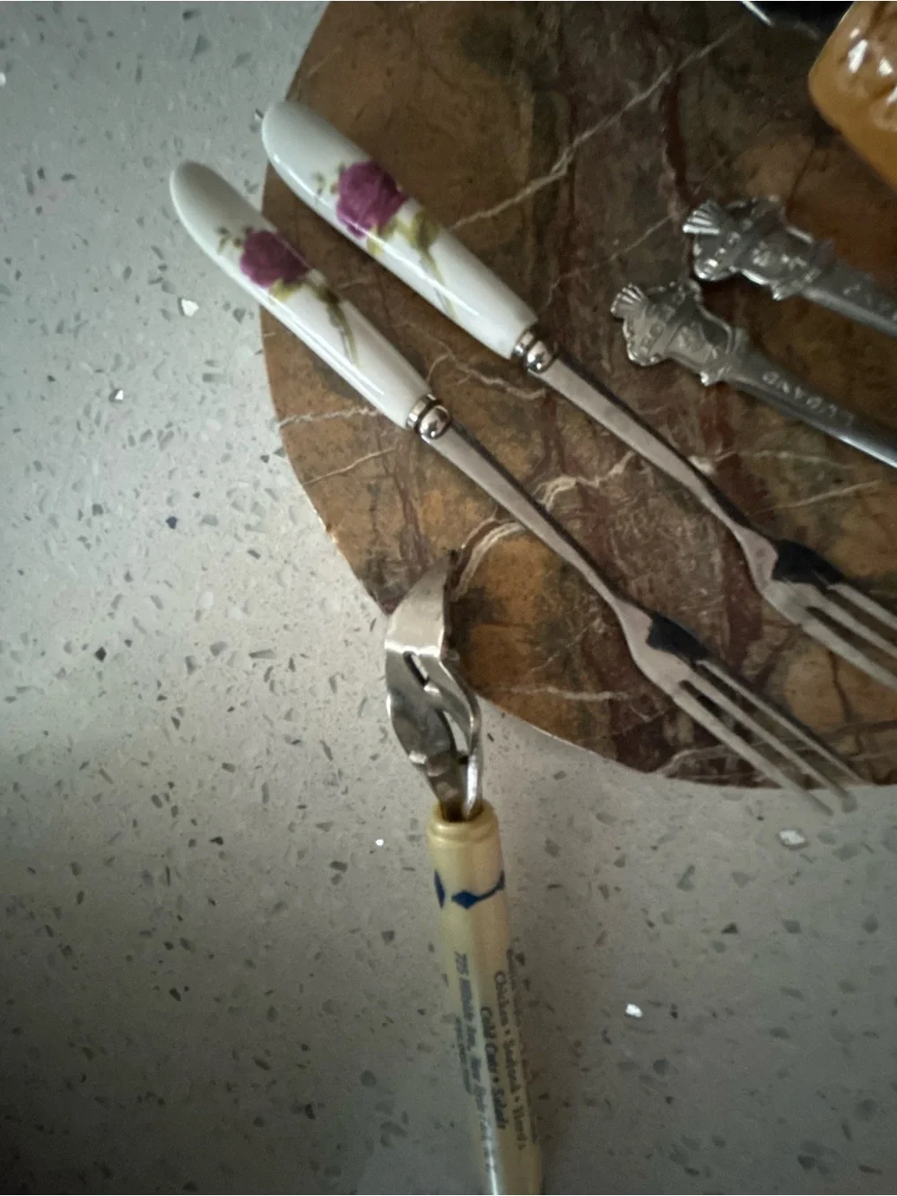 Blue-Handled Silver-Tone Kitchen Tool Set with Decorative Marble Board